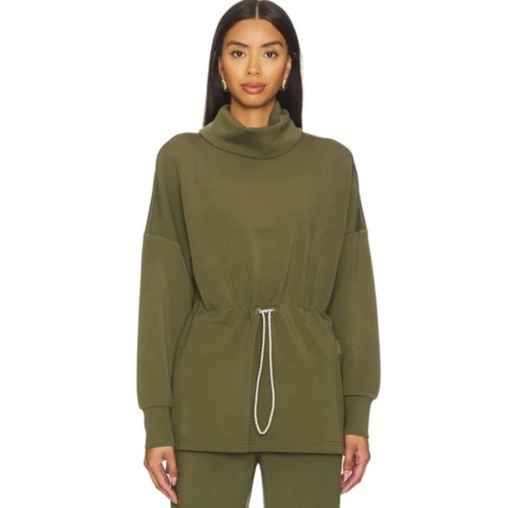 Varley Freya Sweat Olive‎ Green DoubleSoft Cowl Neck Drawstring Pullover Small